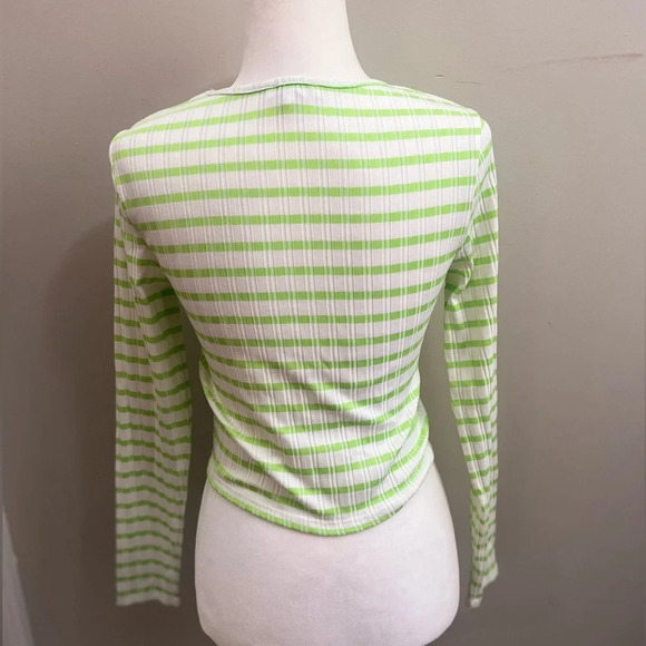 Topshop Ribbed Long Sleeve Cut Out Top Small Green Stripes Stretchy NWOT‎ - Picture 5 of 11